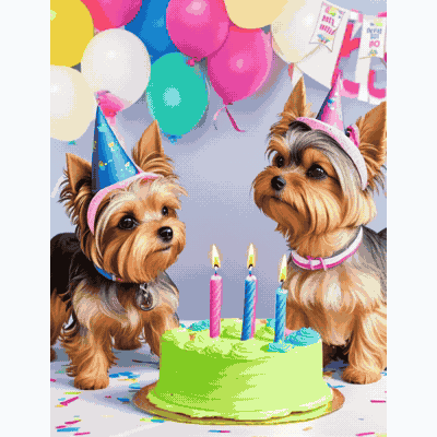 Animated slideshow of two yorkie dogs celebrating.